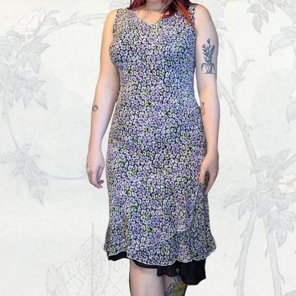 Susan Bristol Purple And Green Floral Tiered Dress - Picture 1 of 6
